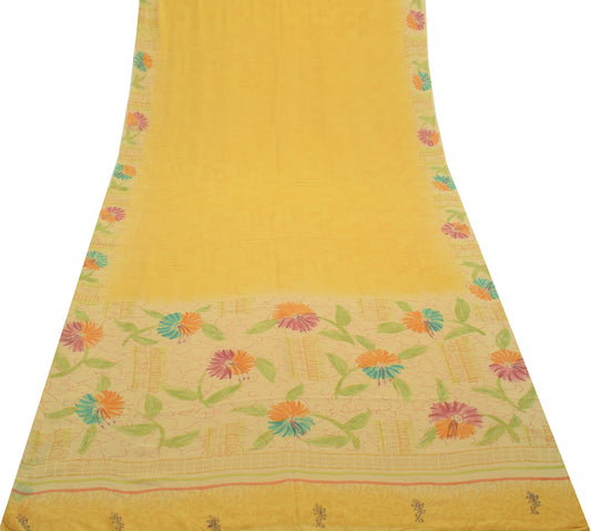 Sushila Vintage Yellow Saree 100%Pure Georgette Silk Printed Floral Craft Fabric