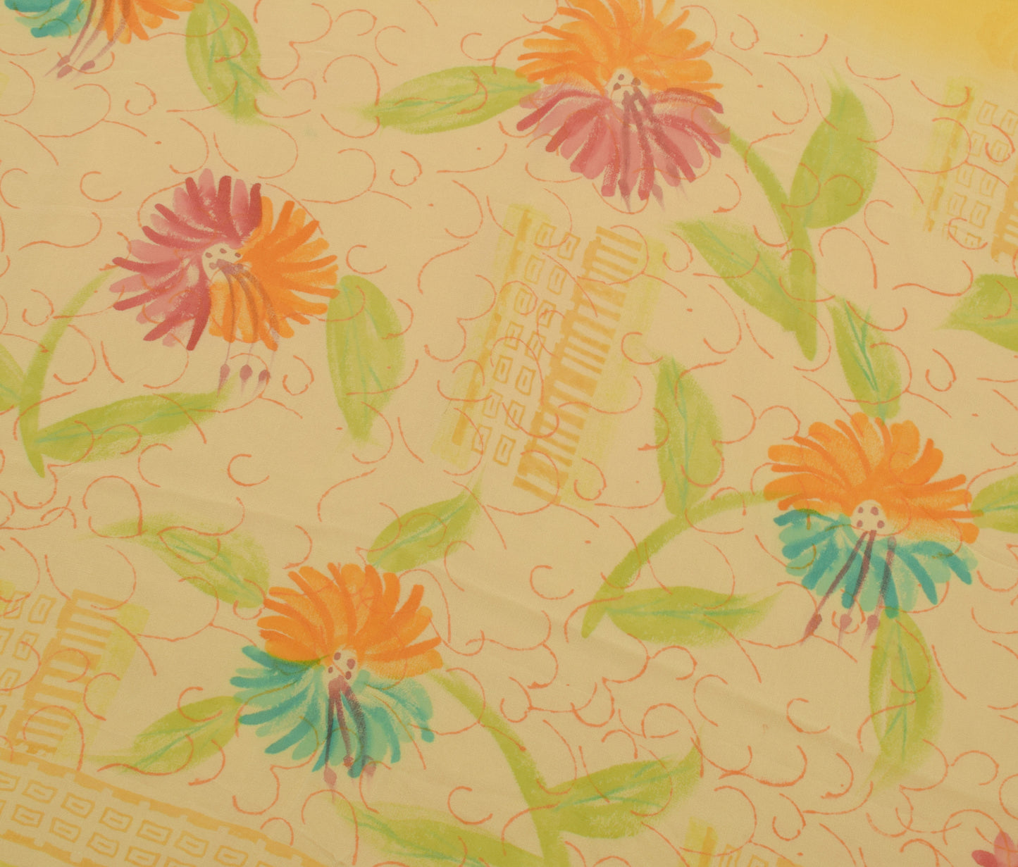 Sushila Vintage Yellow Saree 100%Pure Georgette Silk Printed Floral Craft Fabric