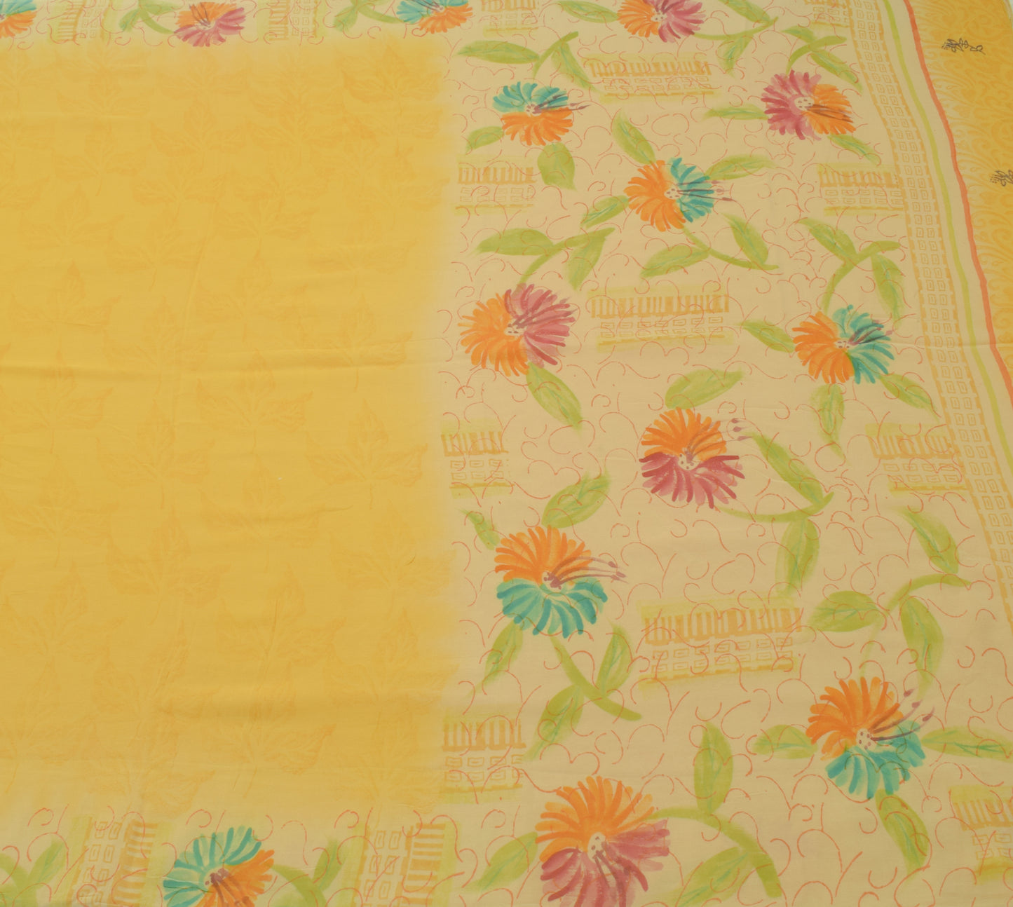 Sushila Vintage Yellow Saree 100%Pure Georgette Silk Printed Floral Craft Fabric