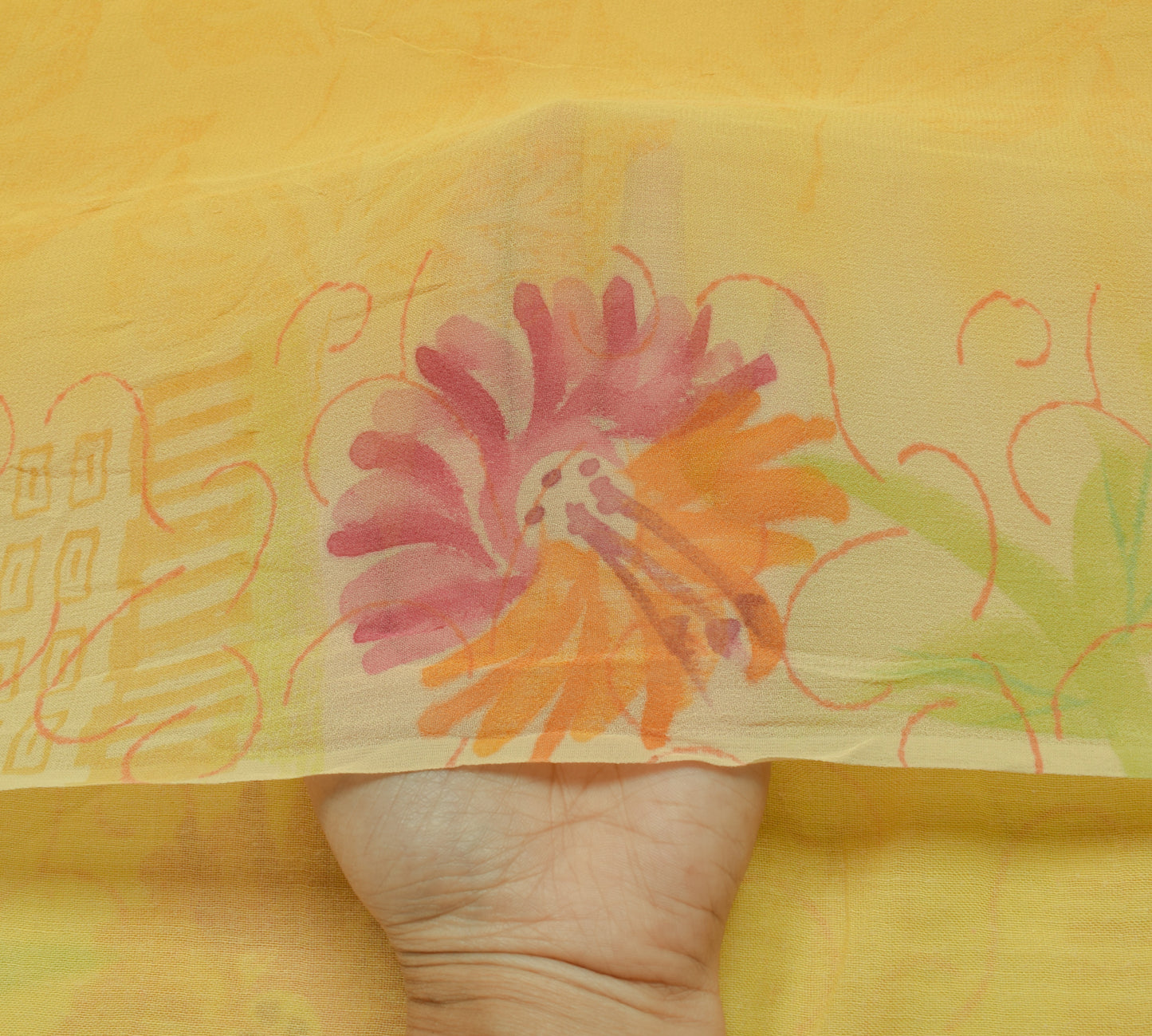Sushila Vintage Yellow Saree 100%Pure Georgette Silk Printed Floral Craft Fabric