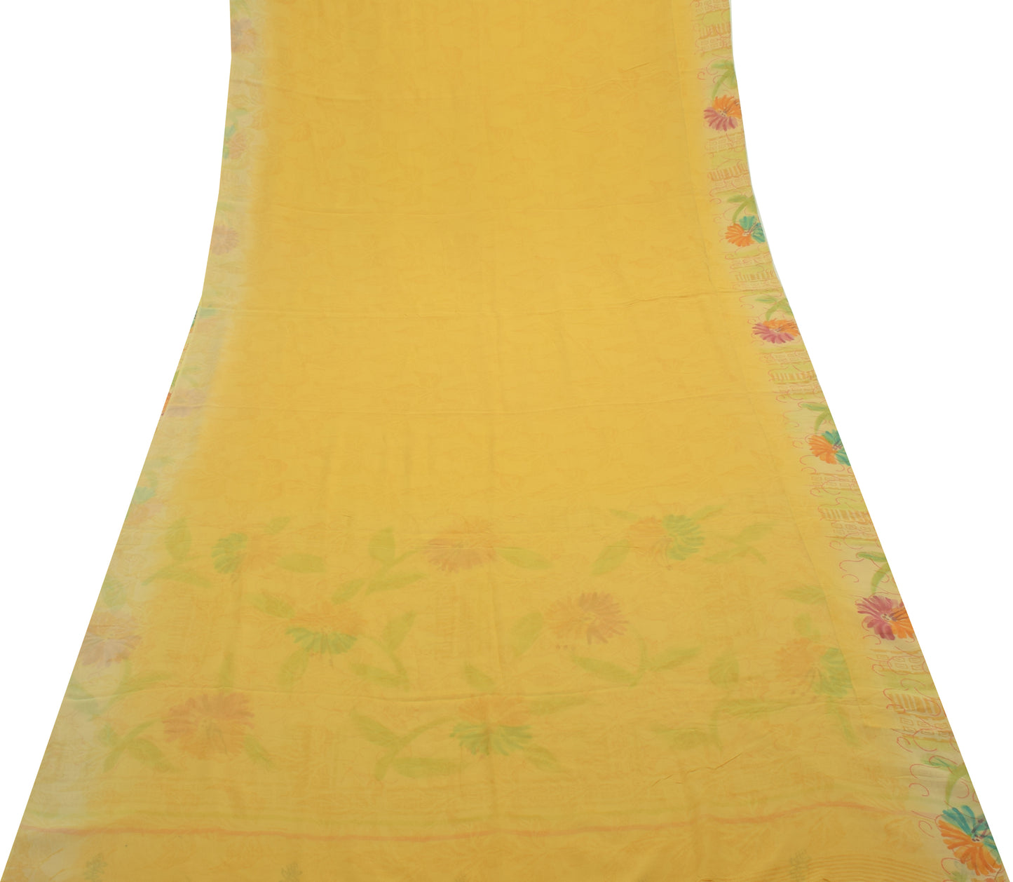 Sushila Vintage Yellow Saree 100%Pure Georgette Silk Printed Floral Craft Fabric