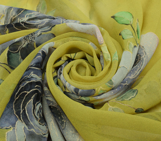 Sushila Vintage Green Saree Blend Georgette Silk Printed Floral Craft Fabric