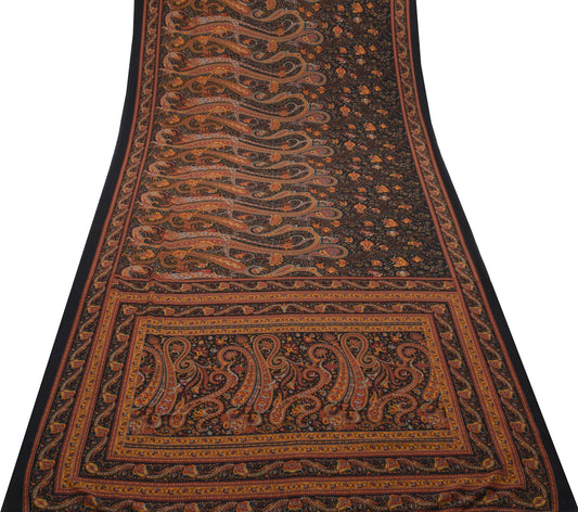 Sushila Vintage Black Saree Blend Georgette Silk Printed Paisley Craft Fabric