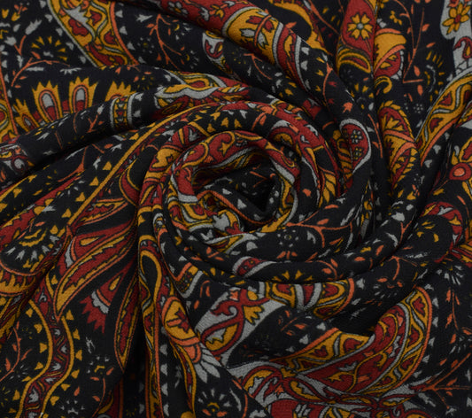 Sushila Vintage Black Saree Blend Georgette Silk Printed Paisley Craft Fabric