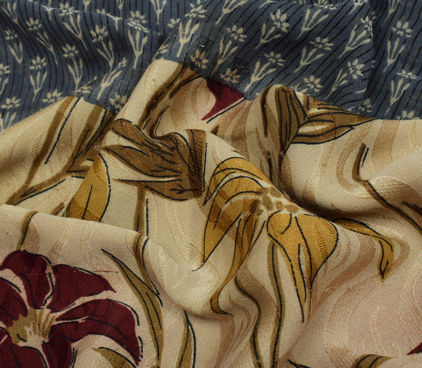 Sushila Vintage Gray Saree 100% Pure Georgette Silk Printed Floral Craft Fabric