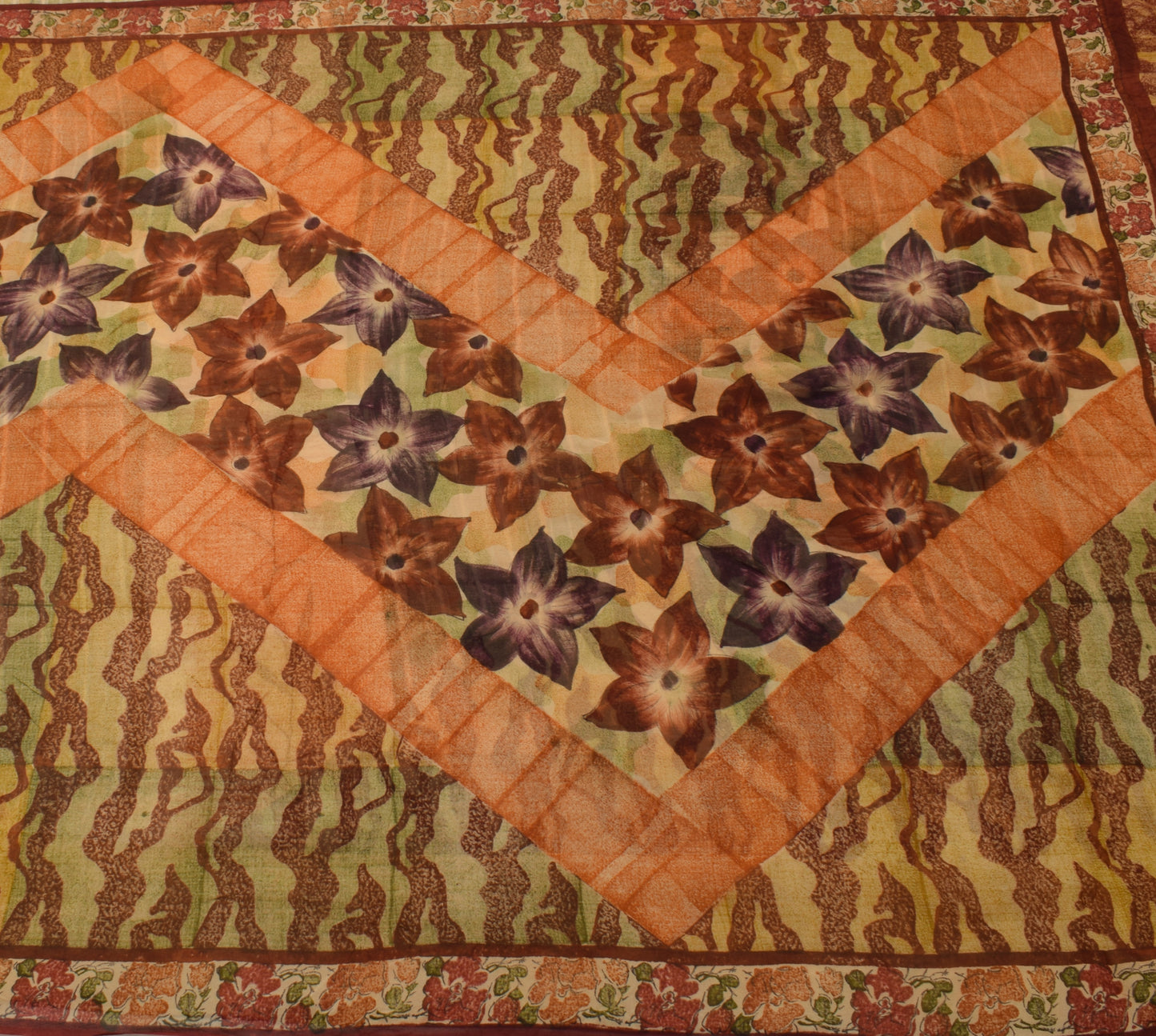 Sushila Vintage Saree 100%Pure Georgette Silk Printed Floral 5 Yard Craft Fabric