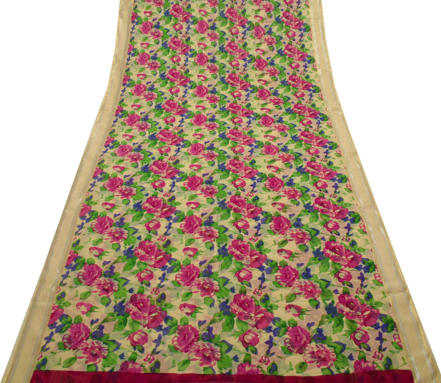 Sushila Vintage Cream Saree 100% Pure Georgette Silk Printed Floral Craft Fabric