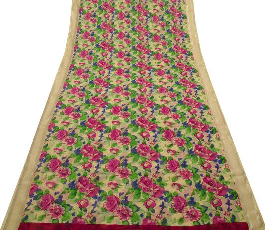 Sushila Vintage Cream Saree 100% Pure Georgette Silk Printed Floral Craft Fabric