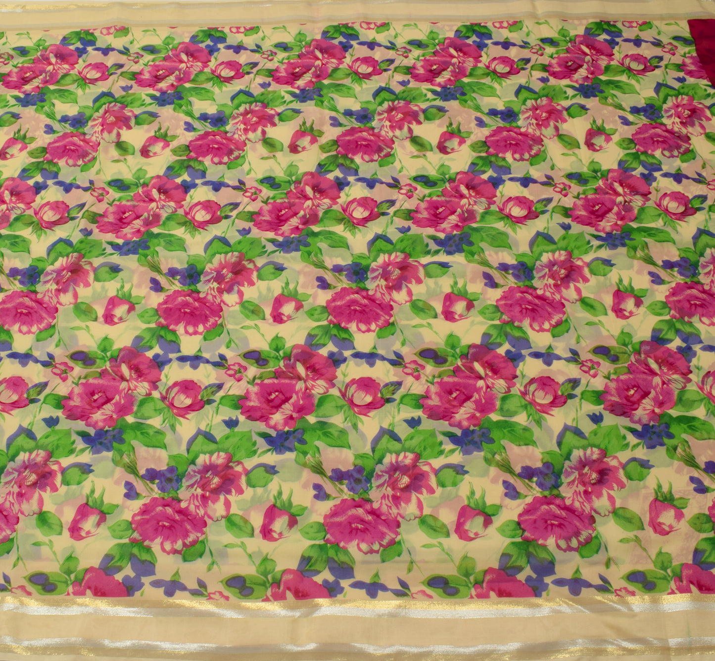 Sushila Vintage Cream Saree 100% Pure Georgette Silk Printed Floral Craft Fabric