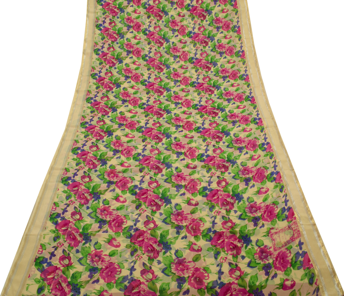Sushila Vintage Cream Saree 100% Pure Georgette Silk Printed Floral Craft Fabric
