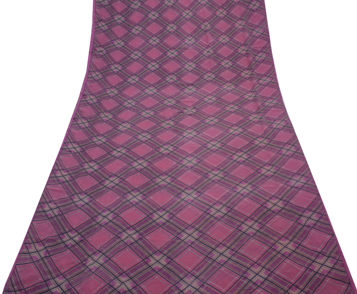 Sushila Vintage Pink Saree 100% Pure Georgette Silk Printed Checks Craft Fabric