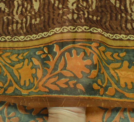 Sushila Vintage Brown Saree 100% Pure Georgette Silk Printed Floral Craft Fabric