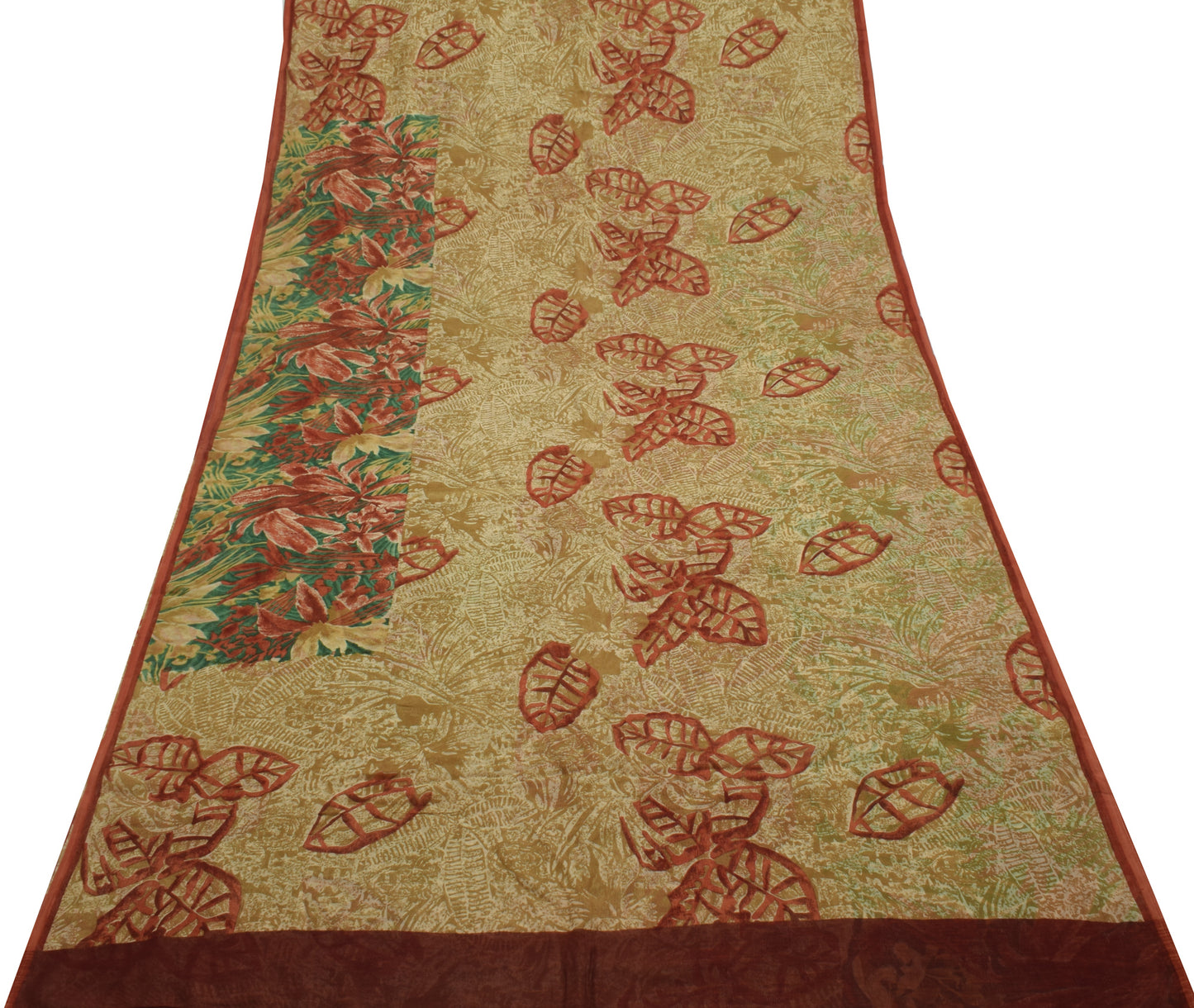 Sushila Vintage Green Saree 100% Pure Chiffon Silk Printed Floral Craft Fabric