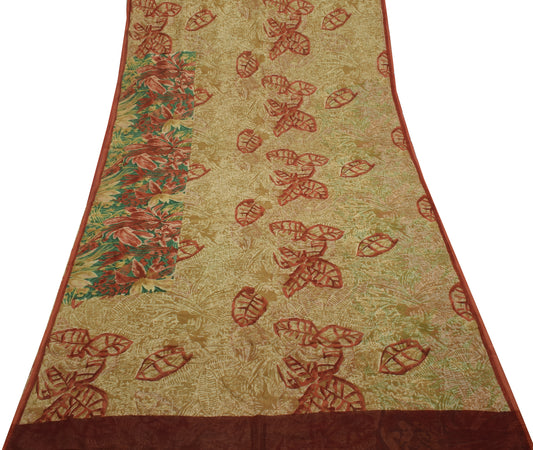 Sushila Vintage Green Saree 100% Pure Chiffon Silk Printed Floral Craft Fabric