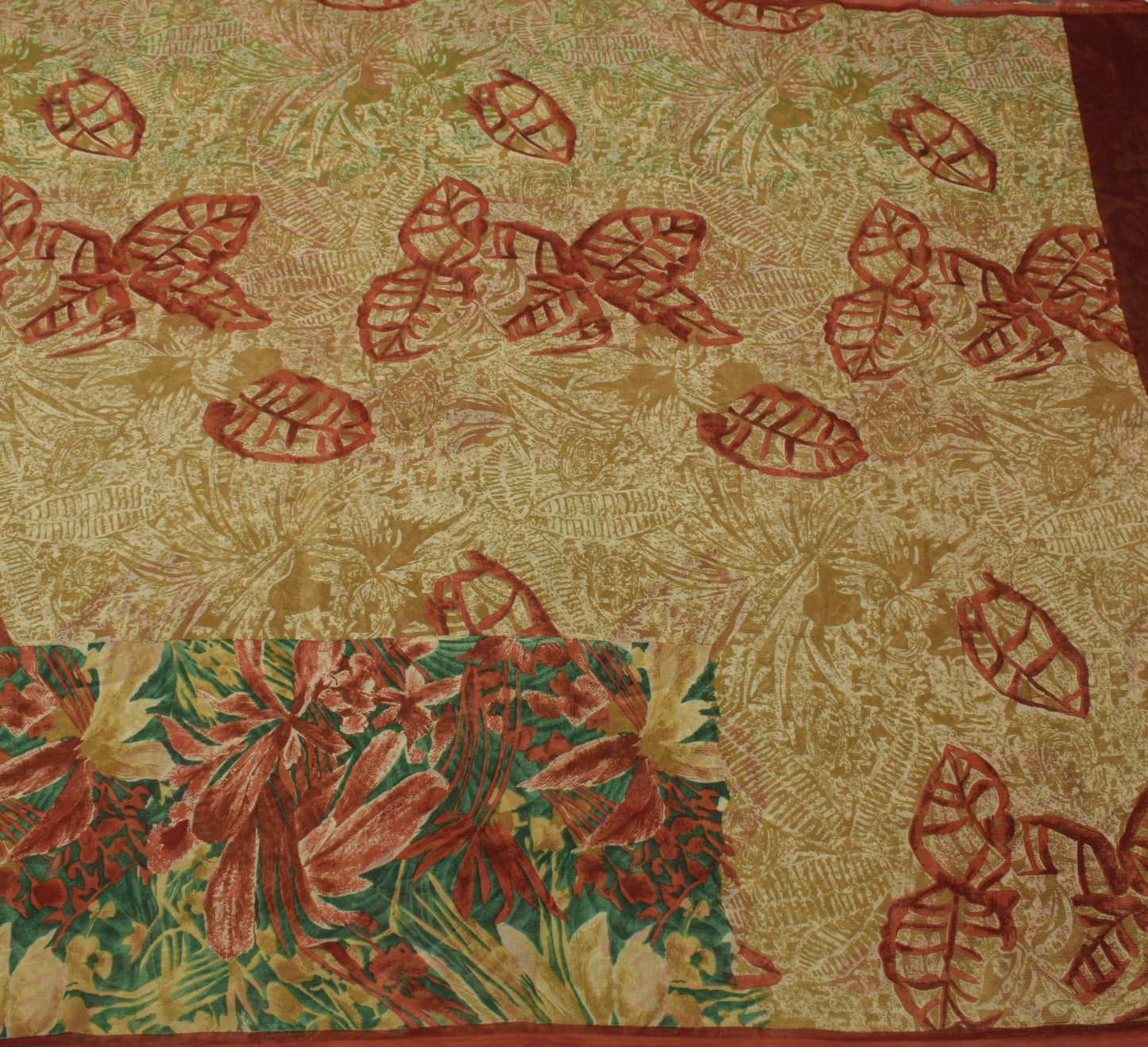 Sushila Vintage Green Saree 100% Pure Chiffon Silk Printed Floral Craft Fabric