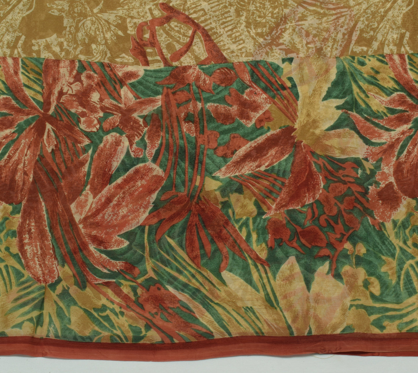 Sushila Vintage Green Saree 100% Pure Chiffon Silk Printed Floral Craft Fabric