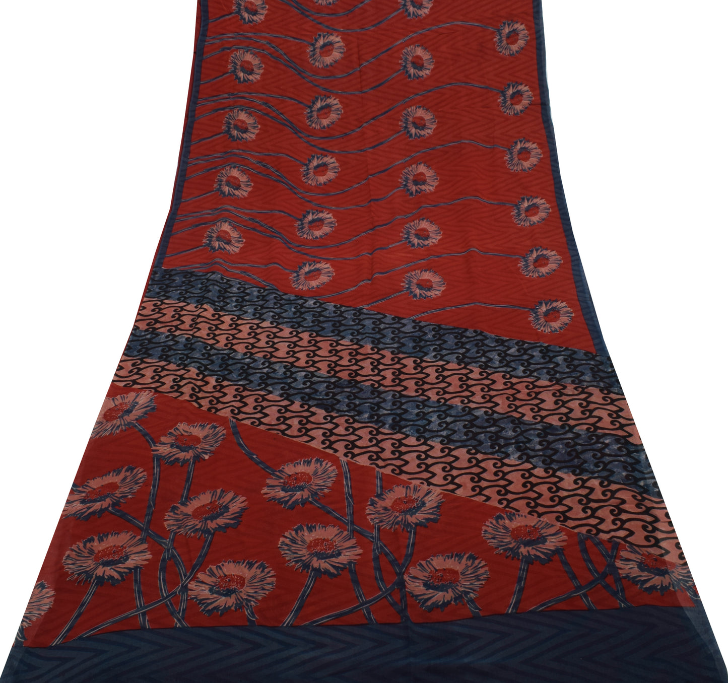 Sushila Vintage Red Saree 100% Pure Georgette Silk Printed Floral Craft Fabric