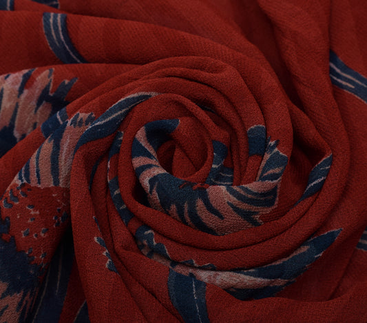 Sushila Vintage Red Saree 100% Pure Georgette Silk Printed Floral Craft Fabric