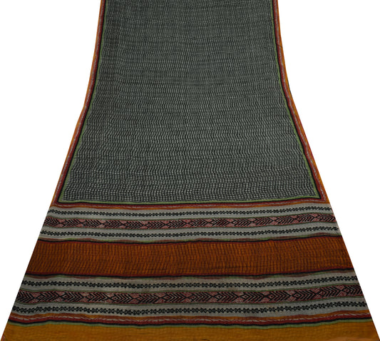 Sushila Vintage Gray Saree 100% Pure Georgette Silk Printed 5 Yard Craft Fabric