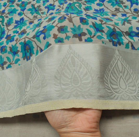 Sushila Vintage Gray Branded Sari 100%Pure Georgette Printed Floral Craft Fabric