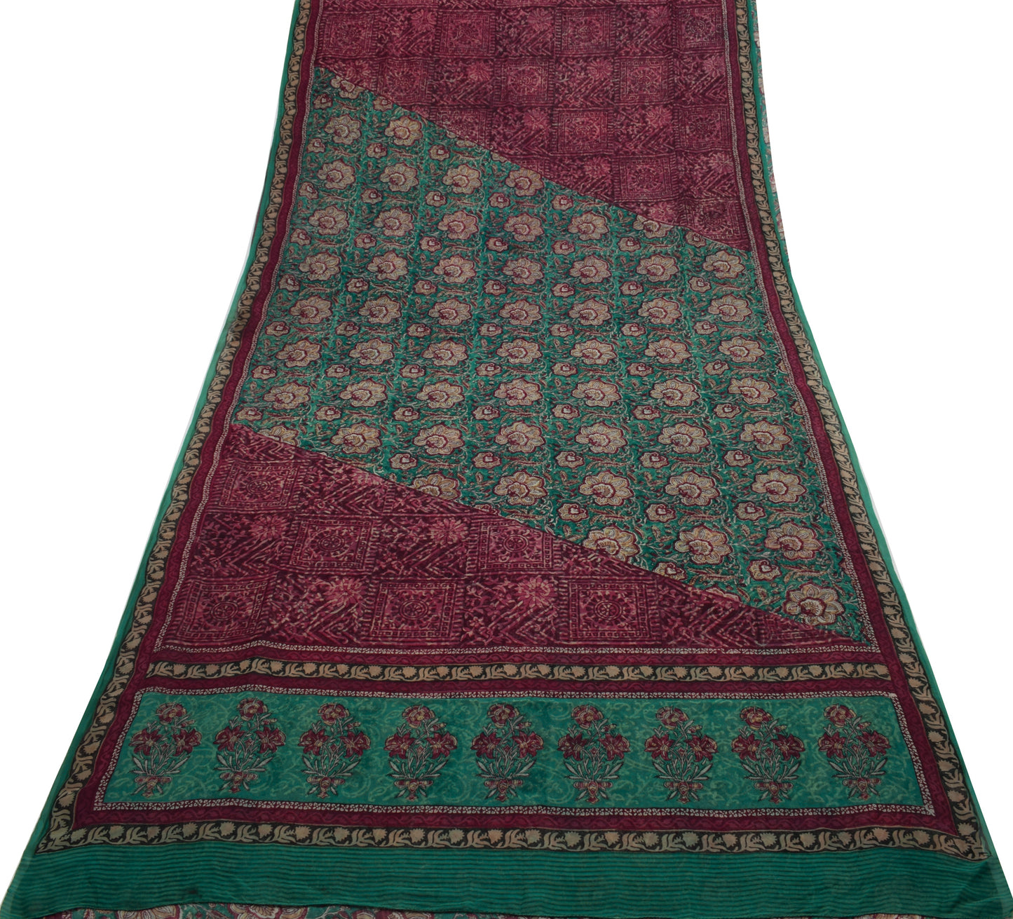 Sushila Vintage Blue Saree 100% Pure Georgette Silk Printed Floral Craft Fabric