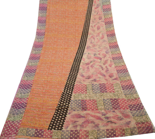 Sushila Vintage Indian Saree 100% Pure Georgette Silk Printed 5 YD Craft Fabric