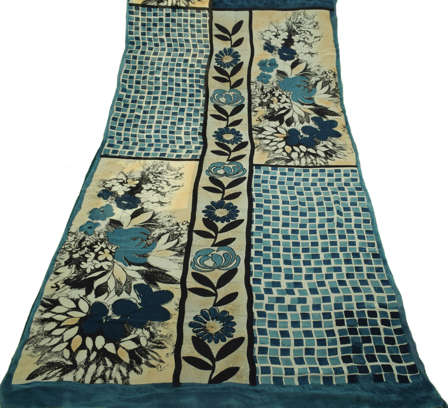 Sushila Vintage Blue Saree 100% Pure Georgette Silk Printed Floral Craft Fabric