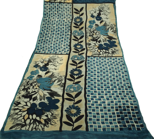 Sushila Vintage Blue Saree 100% Pure Georgette Silk Printed Floral Craft Fabric