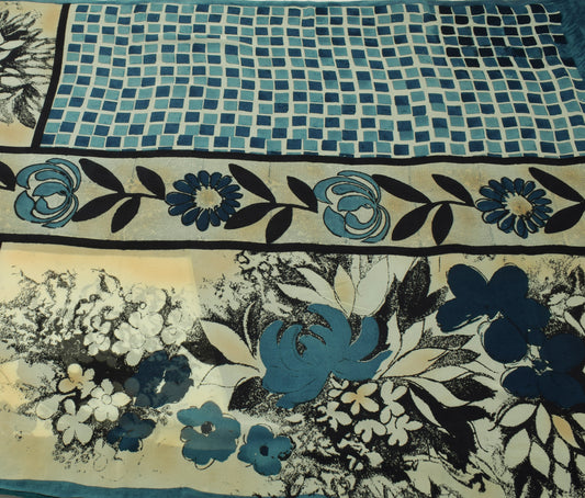 Sushila Vintage Blue Saree 100% Pure Georgette Silk Printed Floral Craft Fabric