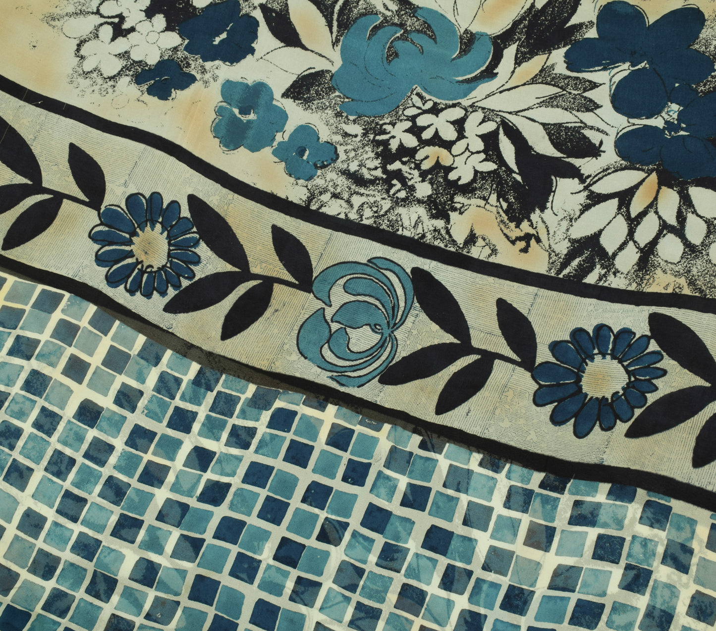 Sushila Vintage Blue Saree 100% Pure Georgette Silk Printed Floral Craft Fabric