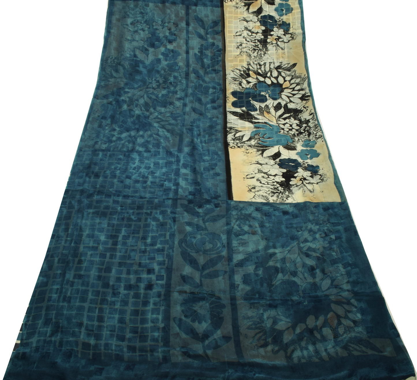 Sushila Vintage Blue Saree 100% Pure Georgette Silk Printed Floral Craft Fabric