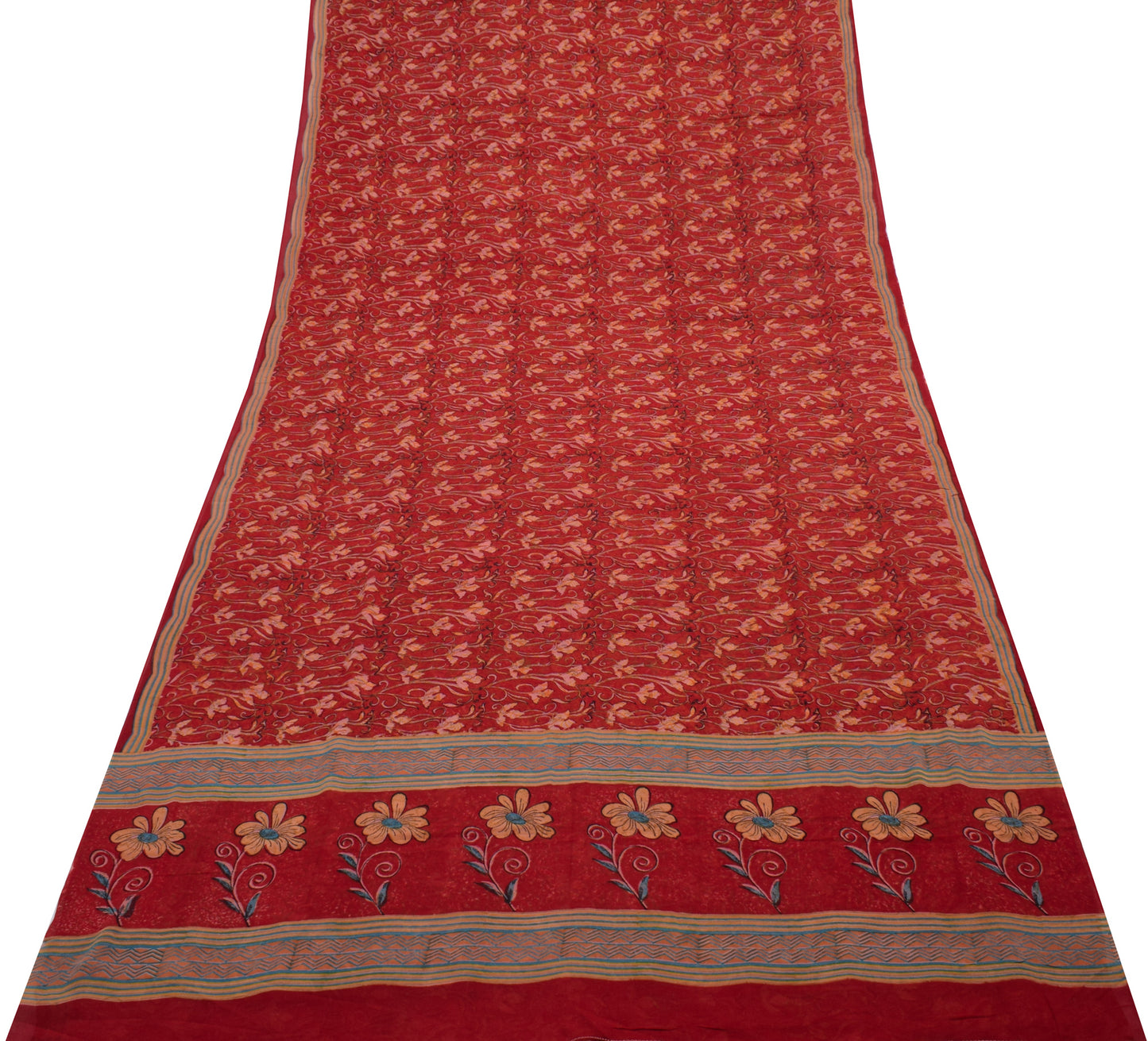 Sushila Vintage Red Saree 100% Pure Georgette Silk Printed Floral Craft Fabric