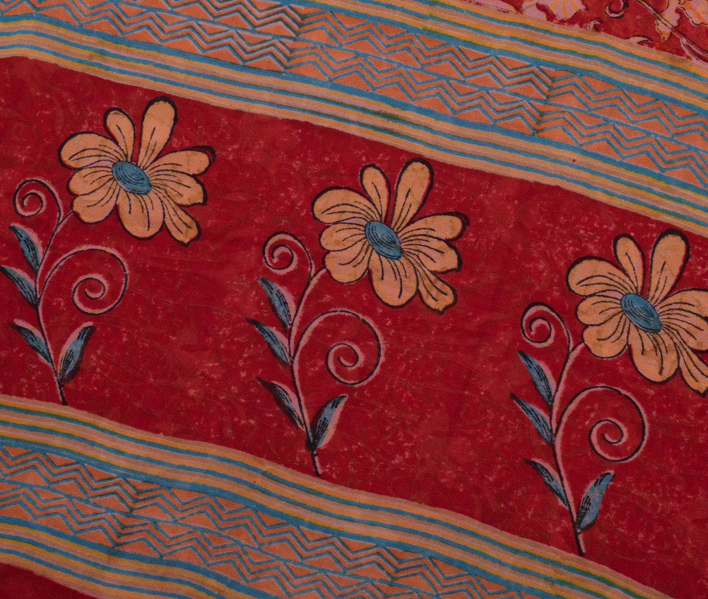 Sushila Vintage Red Saree 100% Pure Georgette Silk Printed Floral Craft Fabric