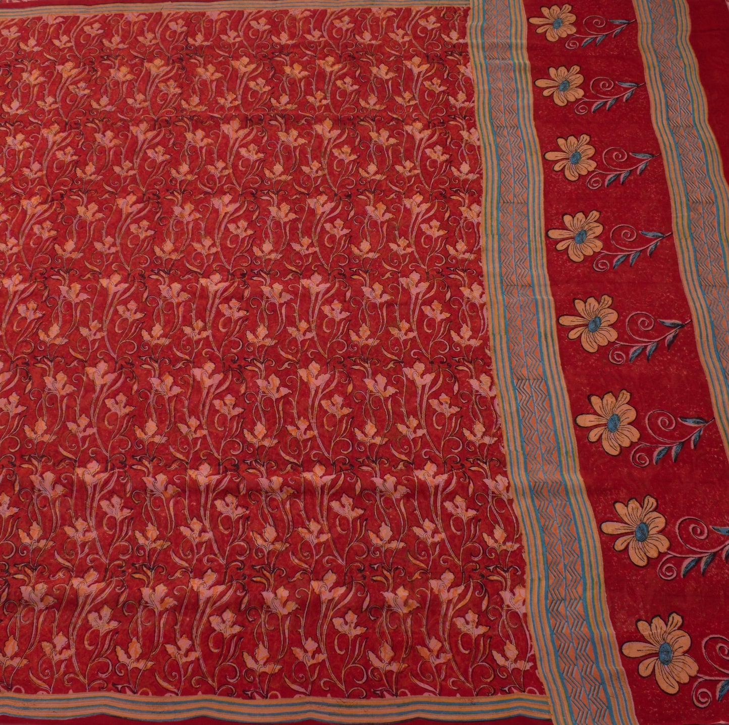 Sushila Vintage Red Saree 100% Pure Georgette Silk Printed Floral Craft Fabric