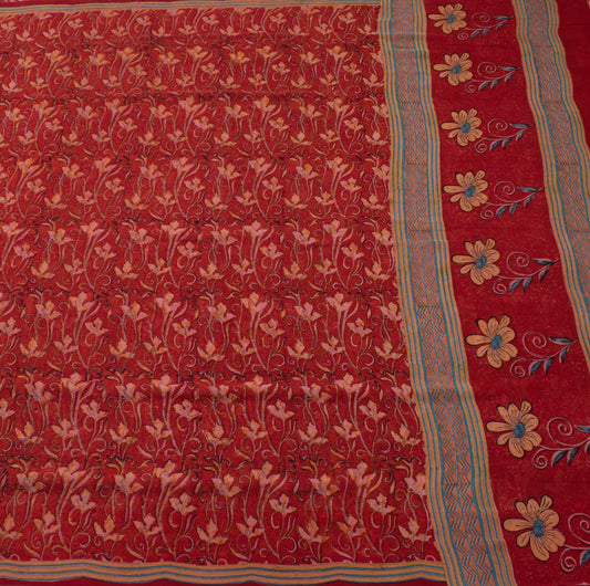 Sushila Vintage Red Saree 100% Pure Georgette Silk Printed Floral Craft Fabric