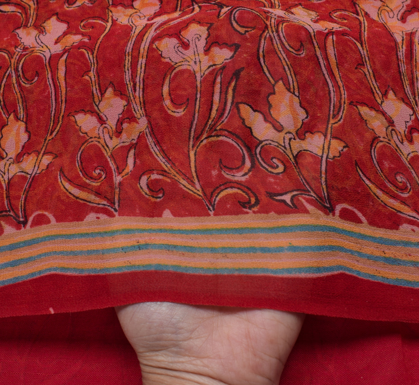 Sushila Vintage Red Saree 100% Pure Georgette Silk Printed Floral Craft Fabric