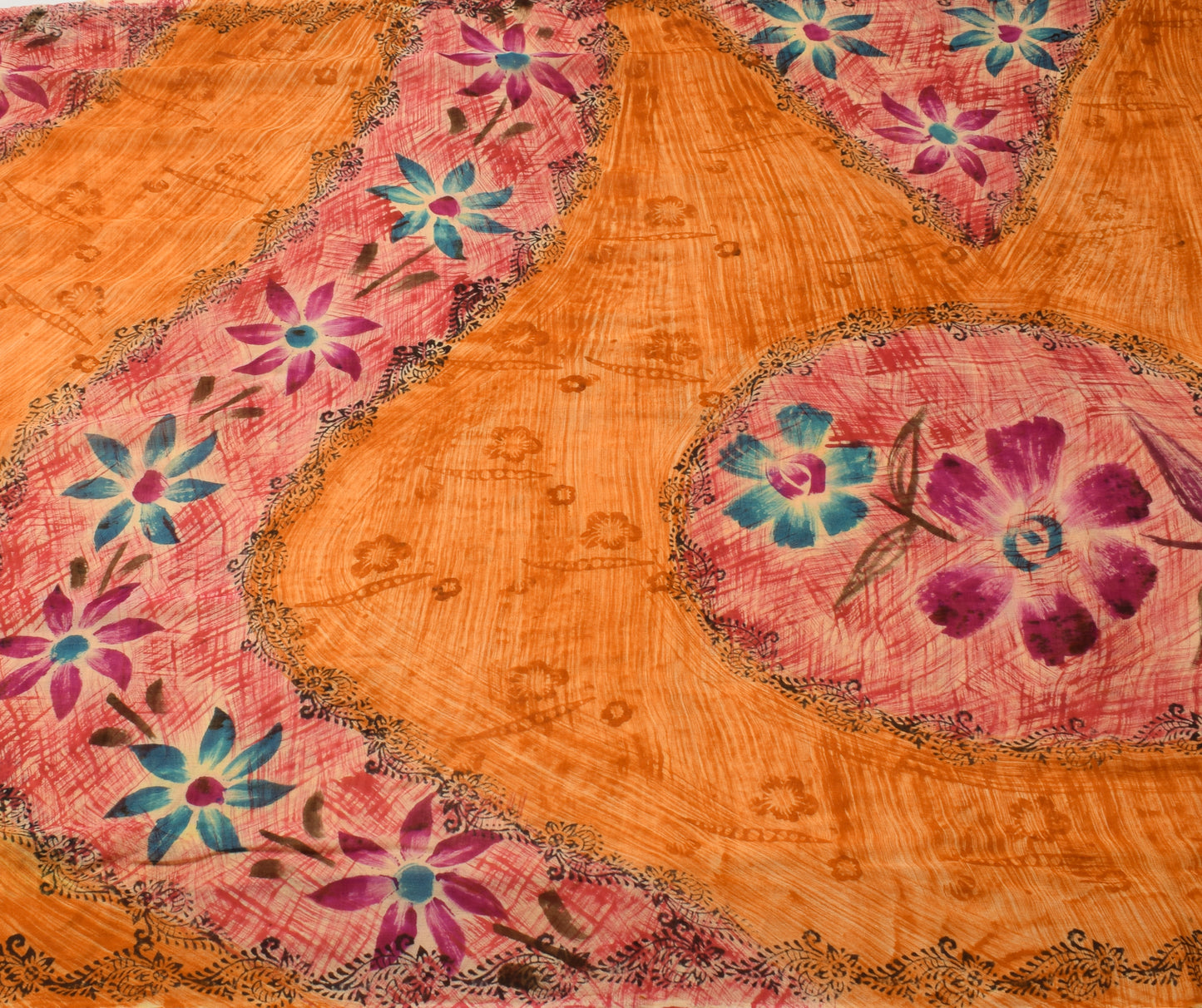 Sushila Vintage Mustard Sari 100%Pure Georgette Silk Printed Floral Craft Fabric