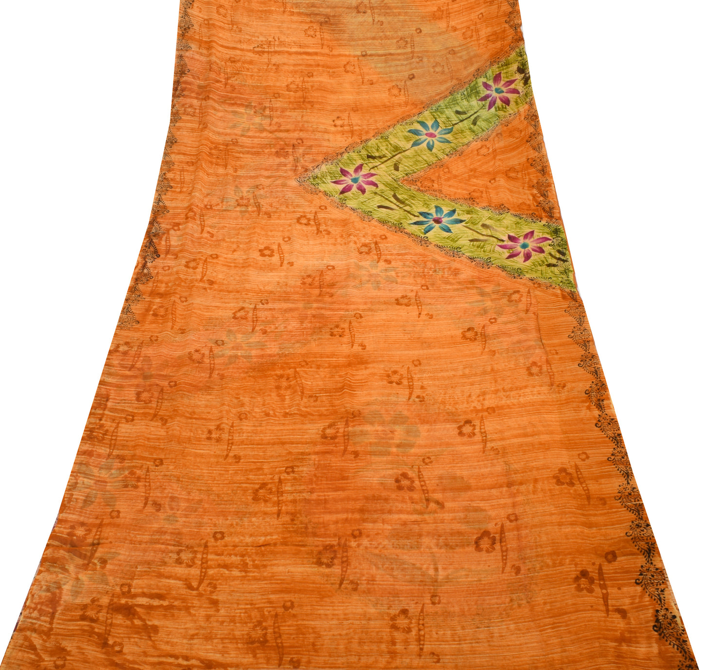 Sushila Vintage Mustard Sari 100%Pure Georgette Silk Printed Floral Craft Fabric