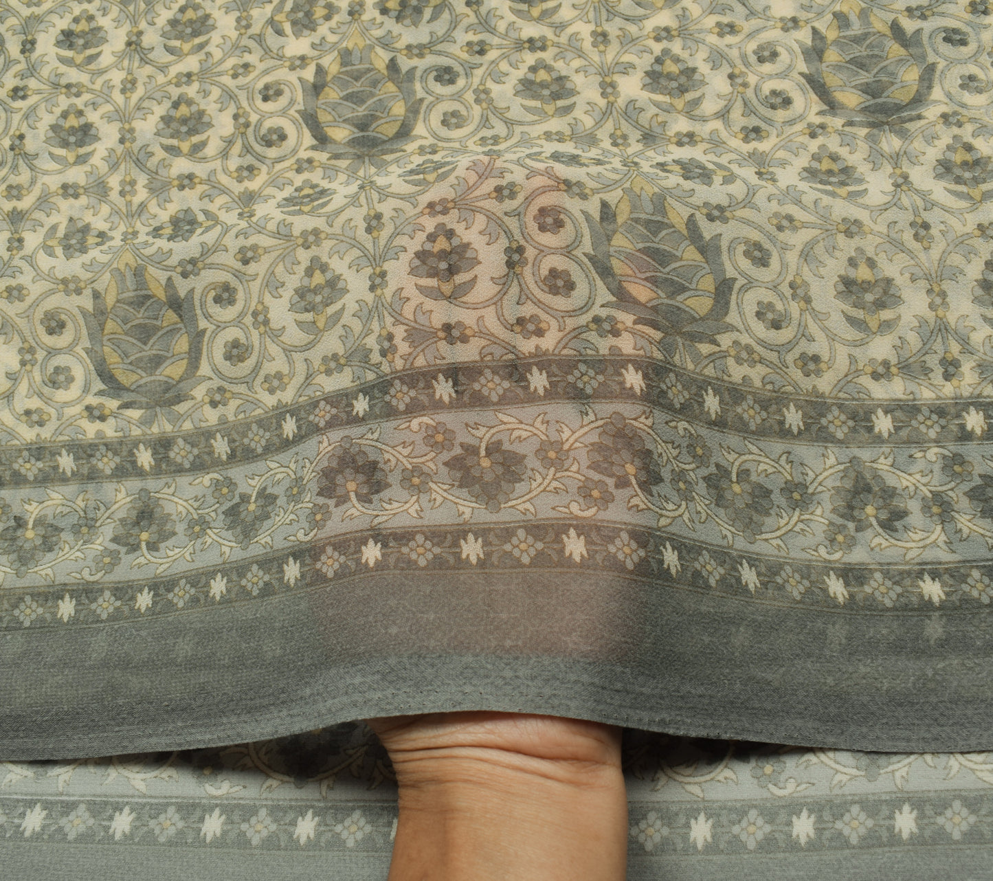 Sushila Vintage Cream Saree Blend Georgette Silk Printed Floral Craft Fabric