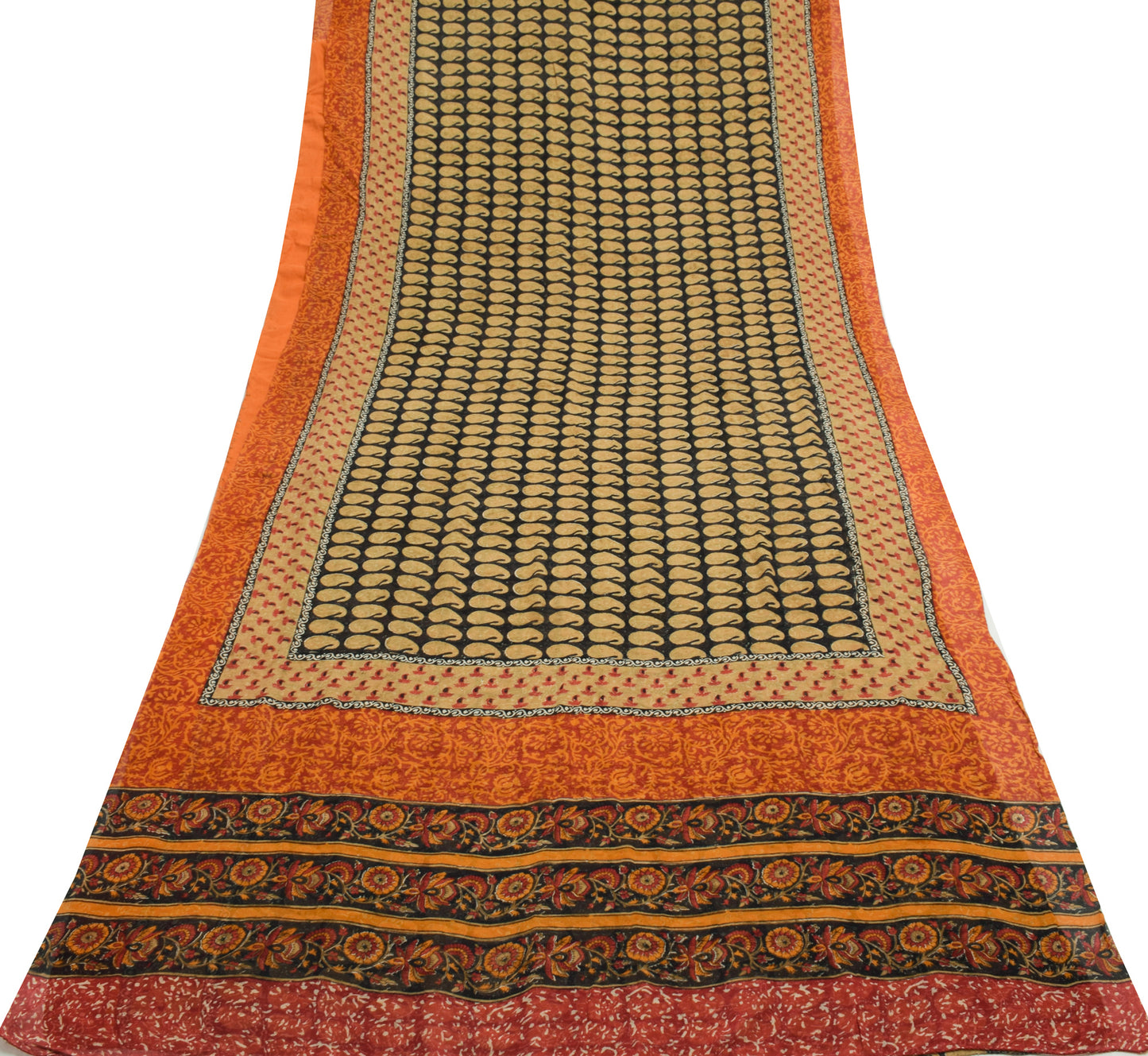 Sushila Vintage Black Saree 100%Pure Georgette Silk Printed Paisley Craft Fabric