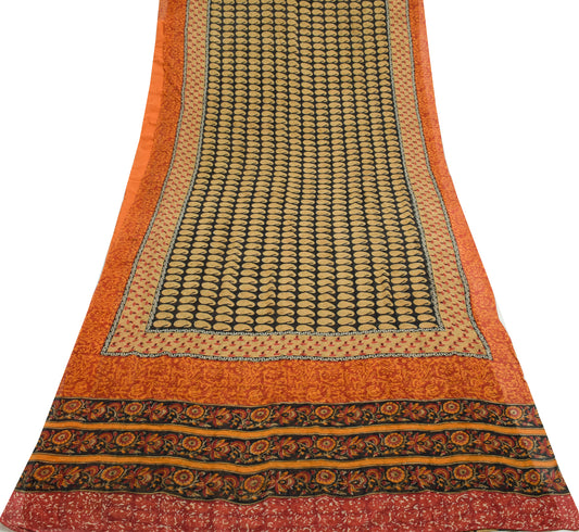 Sushila Vintage Black Saree 100%Pure Georgette Silk Printed Paisley Craft Fabric