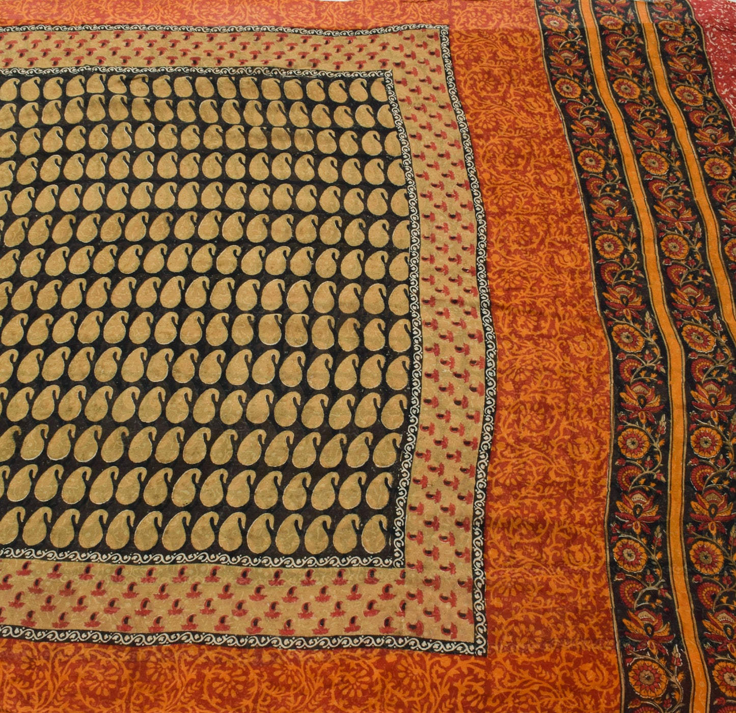 Sushila Vintage Black Saree 100%Pure Georgette Silk Printed Paisley Craft Fabric