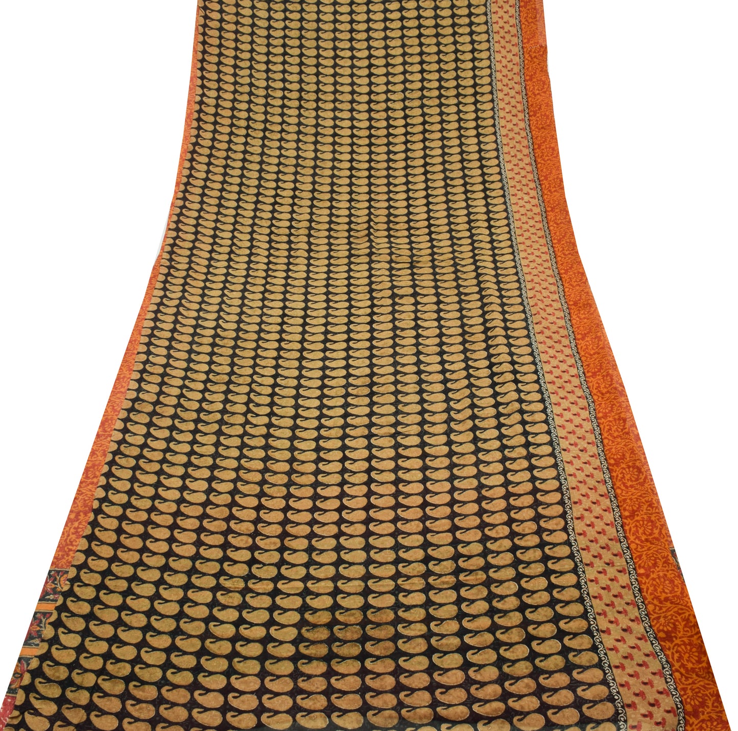 Sushila Vintage Black Saree 100%Pure Georgette Silk Printed Paisley Craft Fabric