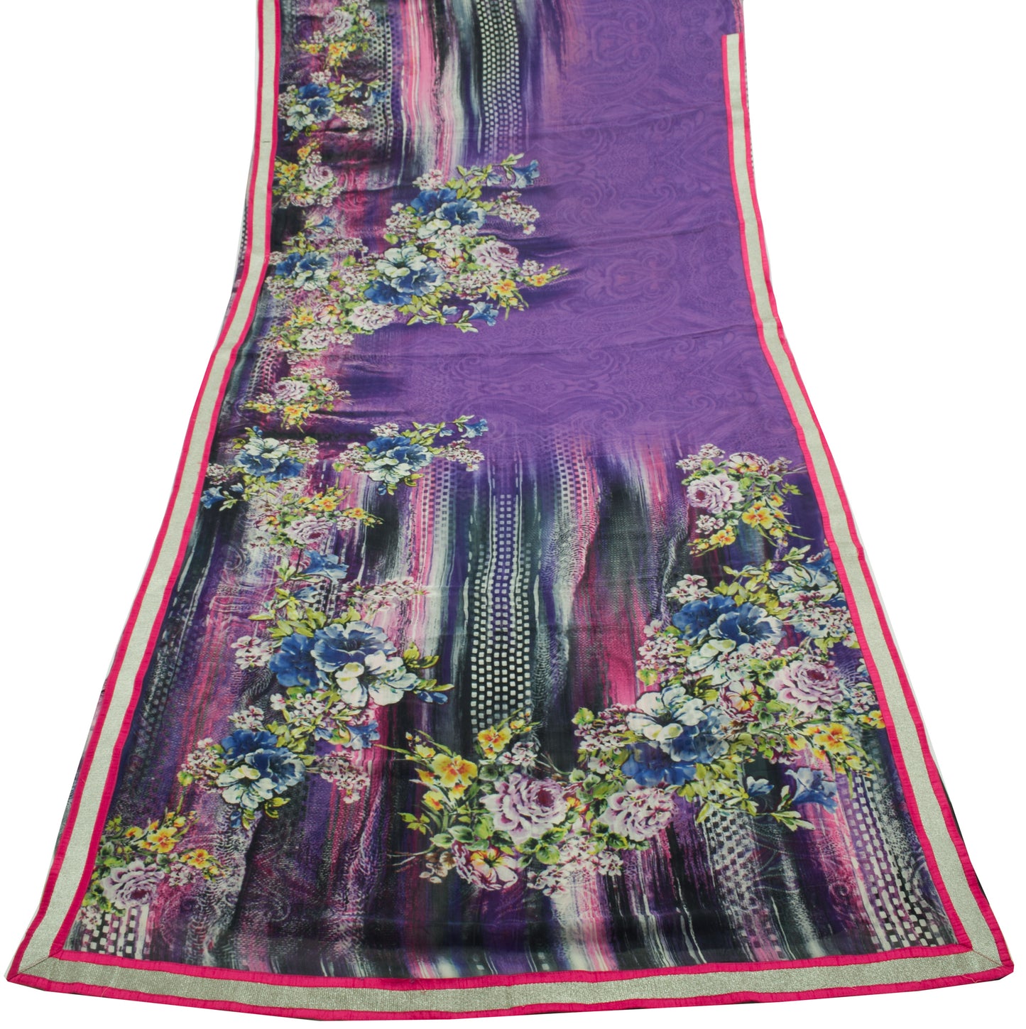 Sushila Vintage Purple Saree 100%Pure Georgette Silk Printed Floral Craft Fabric