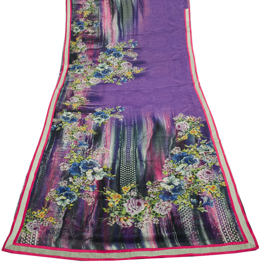 Sushila Vintage Purple Saree 100%Pure Georgette Silk Printed Floral Craft Fabric