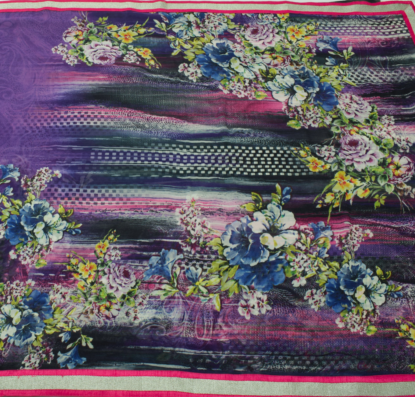 Sushila Vintage Purple Saree 100%Pure Georgette Silk Printed Floral Craft Fabric