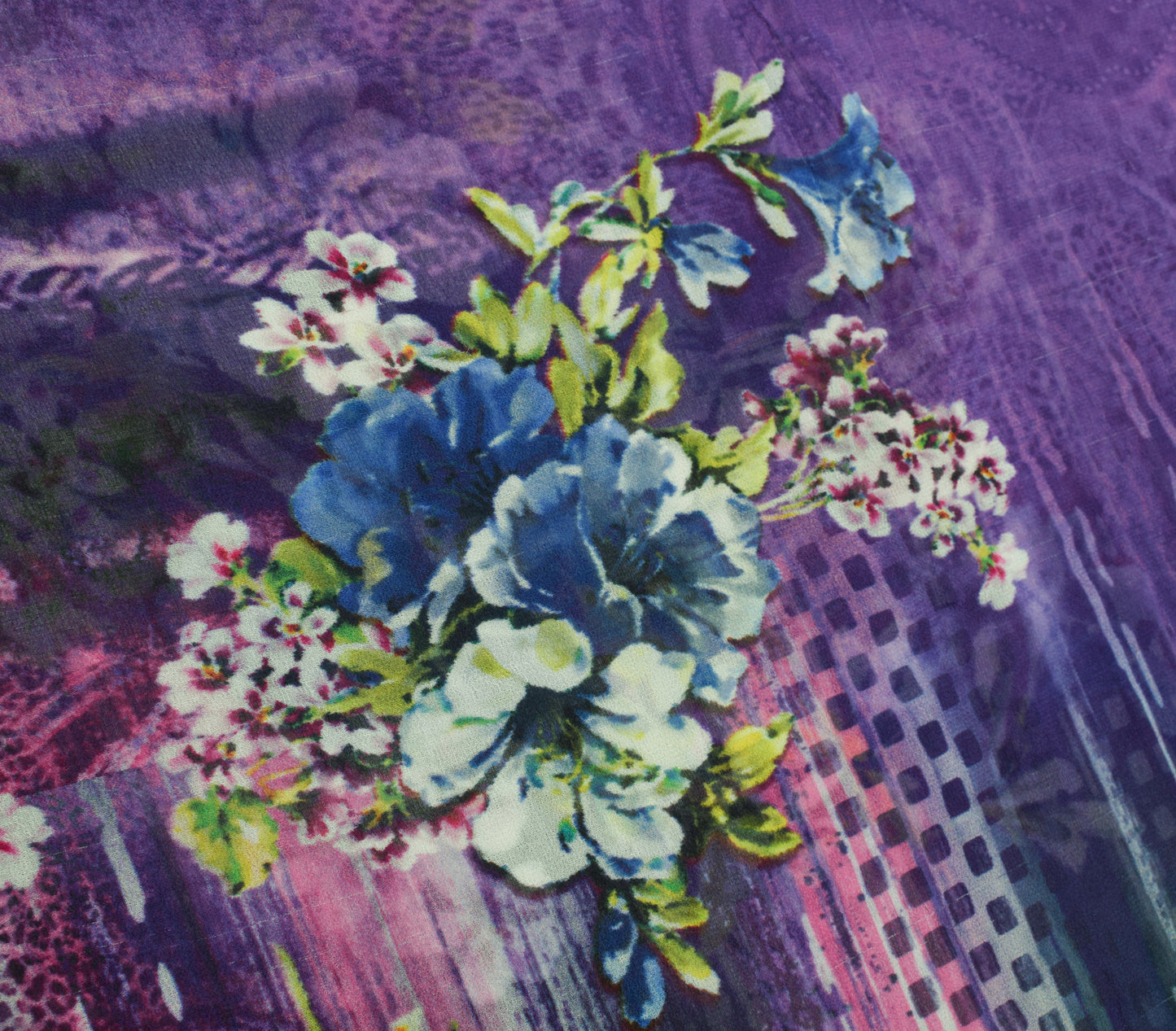 Sushila Vintage Purple Saree 100%Pure Georgette Silk Printed Floral Craft Fabric