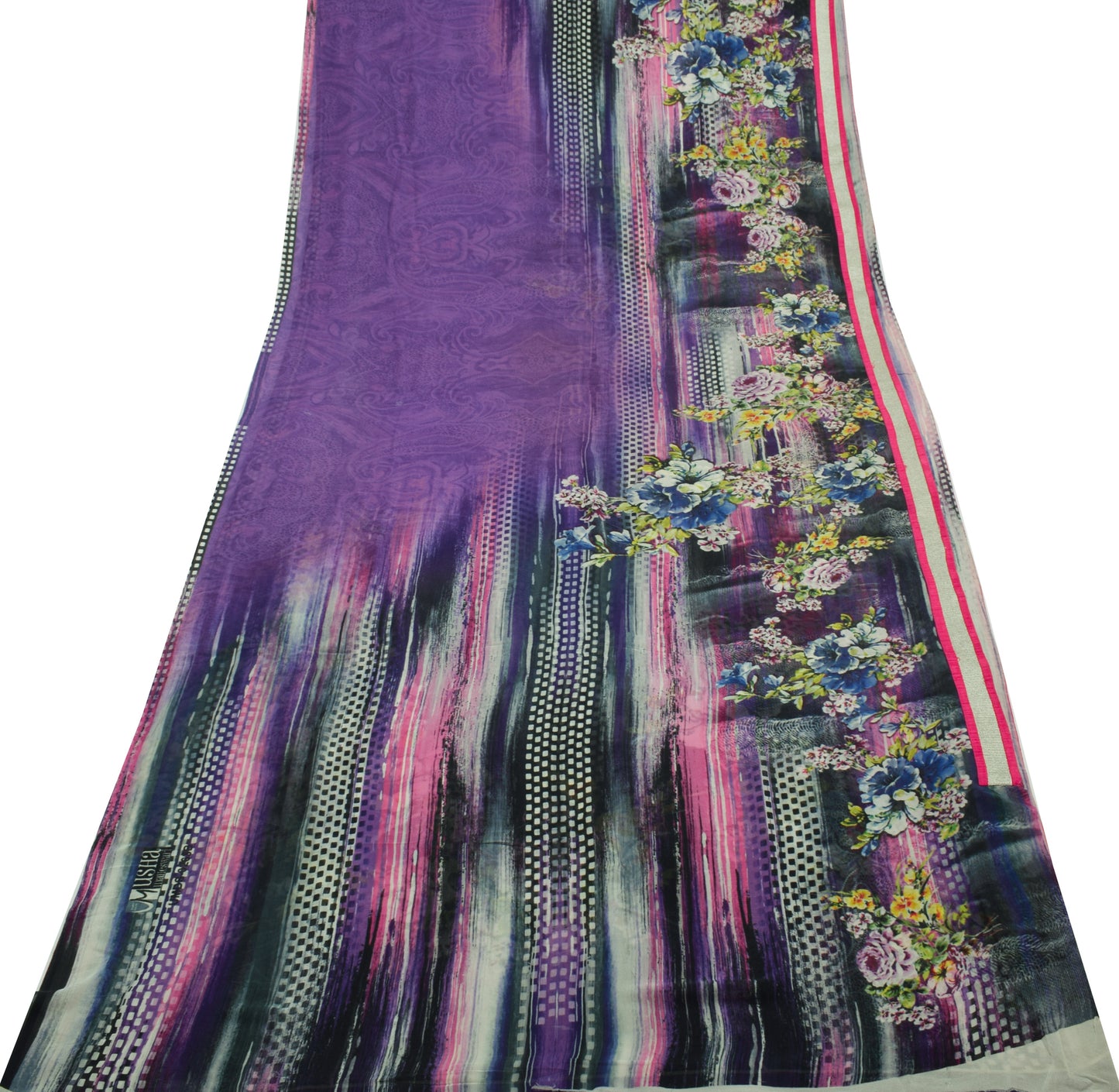 Sushila Vintage Purple Saree 100%Pure Georgette Silk Printed Floral Craft Fabric