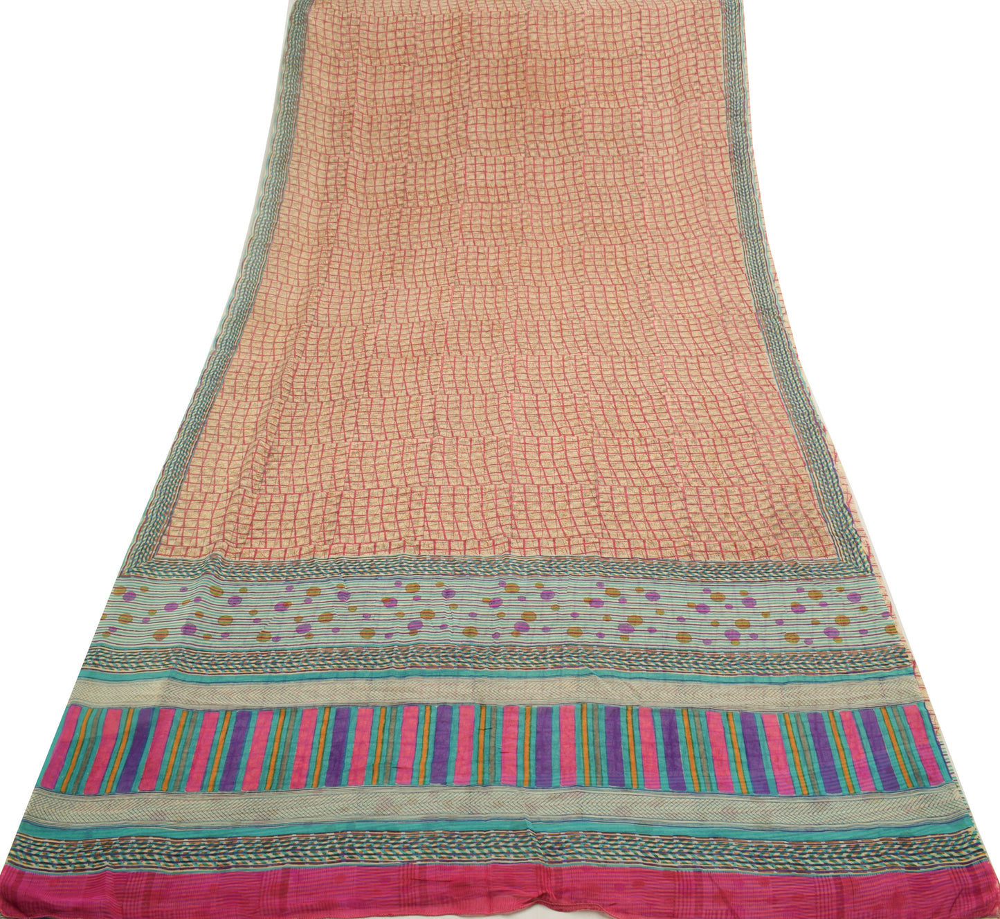 Sushila Vintage Cream Saree 100% Pure Georgette Silk Printed Checks Craft Fabric
