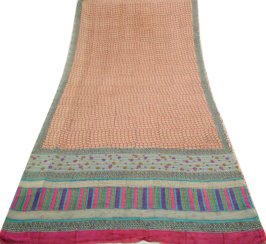Sushila Vintage Cream Saree 100% Pure Georgette Silk Printed Checks Craft Fabric